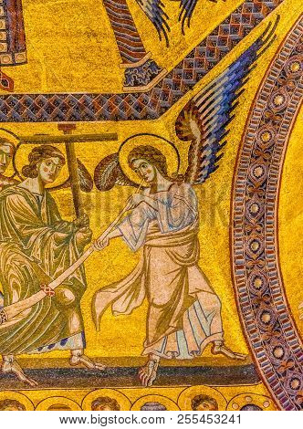 Florence, Italy - September 25, 2017 Angel Trumpet Mosaic Dome Baptistry Saint John Duomo Cathedral 
