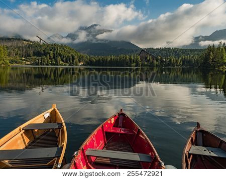 Mountain Lake Strbske Pleso In National Park High Tatra, Vysoke Traty, Slovakia, Europe. Strbske Ple