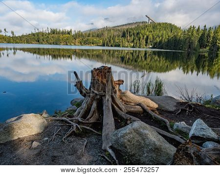 Mountain Lake Strbske Pleso In National Park High Tatra, Vysoke Traty, Slovakia, Europe. Strbske Ple