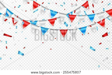 Garlands Of Red White Blue Flags. Blue, White And Red Foil Confetti. Vector Illustration.