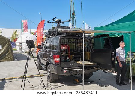 Kubinka, Russia, Aug.24, 2018: Air Reconnaissance And Pilotless Drone Copters And Planes Control Sys