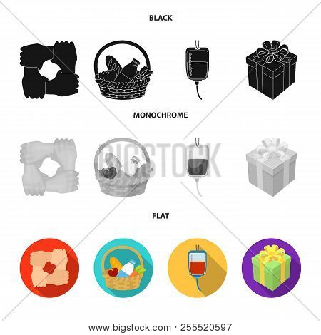 Gesture Of The Hands In Support, A Basket With Food For Charity, Donor Blood, A Gift Donation Box. C