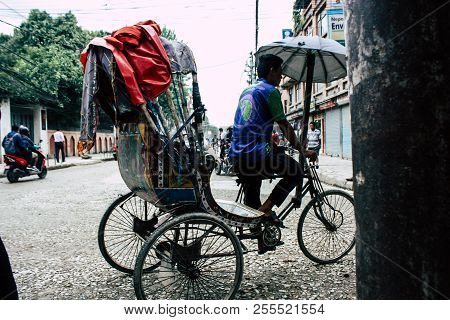 Kathmandu Nepal August 22, 2018 View Of Unknown Nepali People Driving A Touk Touk In Thamel Street I