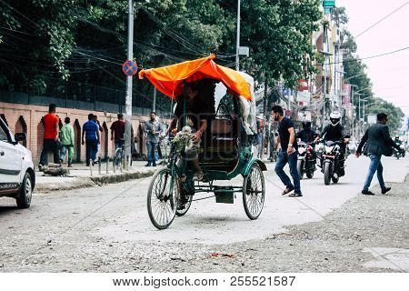Kathmandu Nepal August 22, 2018 View Of Unknown Nepali People Driving A Touk Touk In Thamel Street I