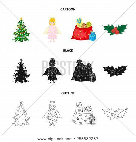 Christmas Tree, Angel, Gifts And Holly Cartoon, Black, Outline Icons In Set Collection For Design. C