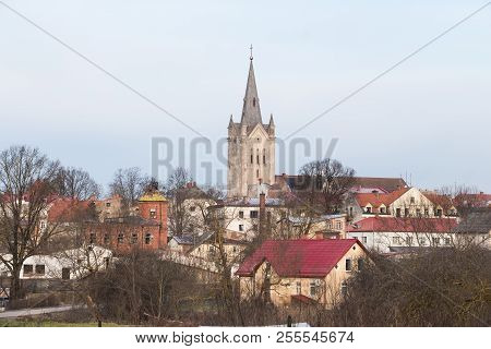 Old Church In Cesis, Latvia. Historic Buildings And City.