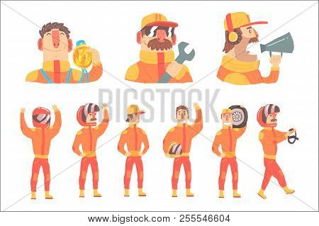 Racing Team Members In Orange Uniform Including Driver And Pit Stop Technicians Team Set Of Cartoon 
