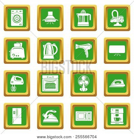 House Appliance Icons Set Green Square Isolated On White Background