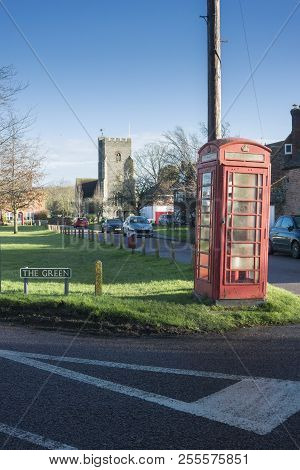 Chartham, Kent, Uk, 5th January 2018 - The Green, Phone Box And Church In The Ancient Village Of Cha