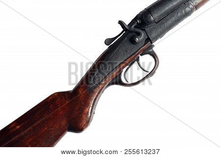 Ancient Hunting Shotgun Closeup Isolated On White Background With Clipping Path