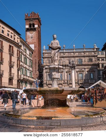 Verona, Italy - 06 May 2018: Madonna Verona Fountain On The Piazza Delle Erbe In Verona.
