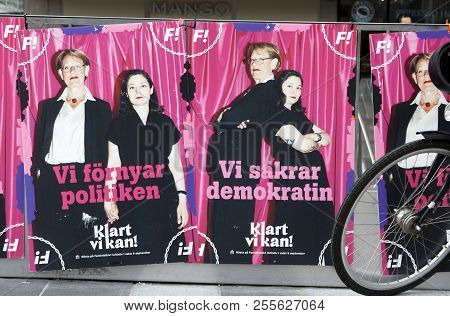Stockholm, Sweden - Aug 27, 2018: Political Party Posters From The Left Wing Party Feministiskt Init