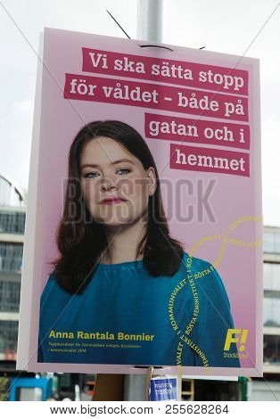 Stockholm, Sweden - Aug 27, 2018: Political Party Posters From The Left Wing Party Feministiskt Init