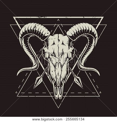 Monochrome Vintage Emblems With Goat Skull. Vector Retro Illustration