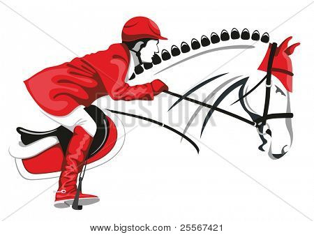 Esteratsastuksessa. Kuski kaunis musta hevonen hyppää esteen yli.