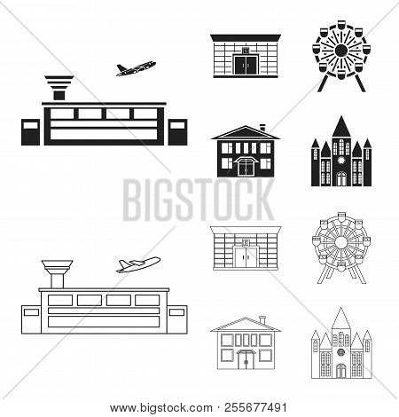 Airport, Bank, Residential Building, Ferris Wheel. Building Set Collection Icons In Black, Outline S