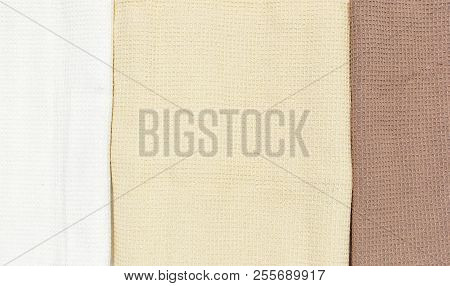 Closeup Multicolored Clean Towels. Texture Of Cotton, Waffle Towel, Textiles. Towels For Kitchen Or 