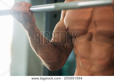 A Young Athlete Trains In The Gym. Trians Biceps Muscules