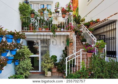 Typical white houses in the narrow street of Mijas town. Andalusia. Spain