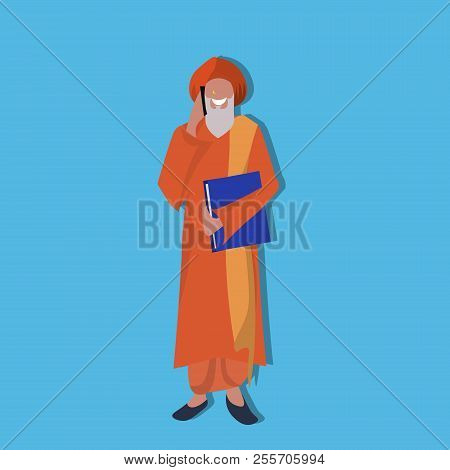 Old Indian Man Holding Book Phone Calling National Traditional Clothes Male Guru Cartoon Character F