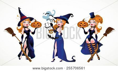 Cute Whitch In Different Costumes With Broom And Magic Wand Isolated On A White Background