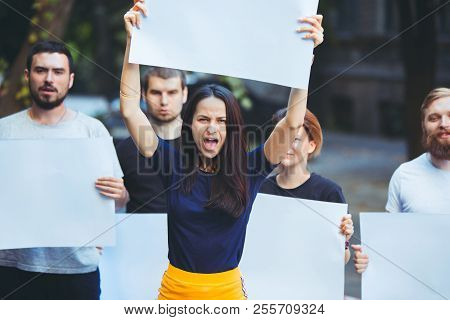 Group Of Protesting Young People Outdoors. The Protest, People, Demonstration, Democracy, Fight, Rig