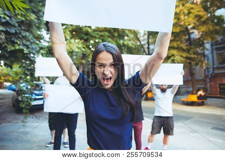Group Of Protesting Young People Outdoors. The Protest, People, Demonstration, Democracy, Fight, Rig