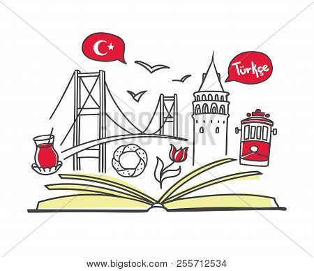 Turkish Language. Vector Line Illustration Of Famous Turkish Symbols With An Open Book. Modern Desig