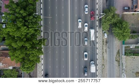 Aerial Top Down View Of Freeway Busy City Rush Hour Heavy Traffic Jam Highway.  Aerial View Of The V