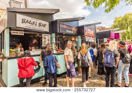 London. August 2018. A View Of The Kerb Food Stalls And Restaurants In Camden Market In Camden In Lo