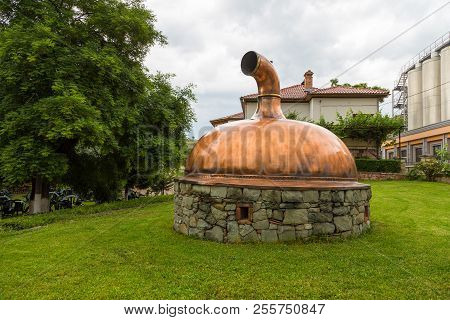 Korce, Albania- 27 June 2014: Brewery In The City Of Korce. Korce, Big Town In Southeastern Albania 