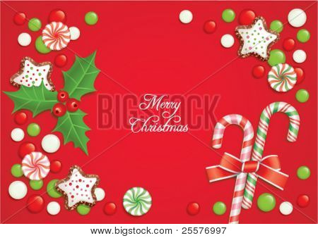 Christmas background with candies, composing a frame for any text