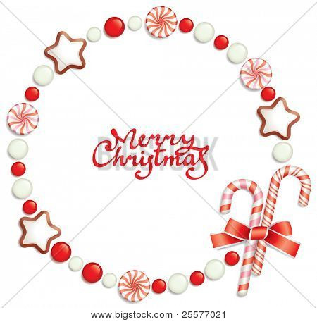 Christmas background with candies, composing a round frame for your text