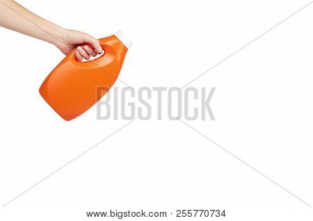 Orange Plastic Detergent Bottle With Hand Isolated On White Background, Copy Space Template