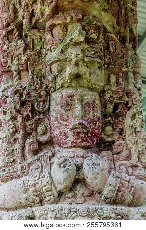 Copan Ruins, Honduras. February 2018. A View Of An Estela Carving At The Unesco World Heritage Site 