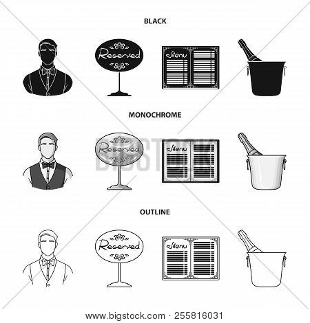 Waiter, Reserve Sign, Menu, Champagne In An Ice Bucket.restaurant Set Collection Icons In Black, Mon