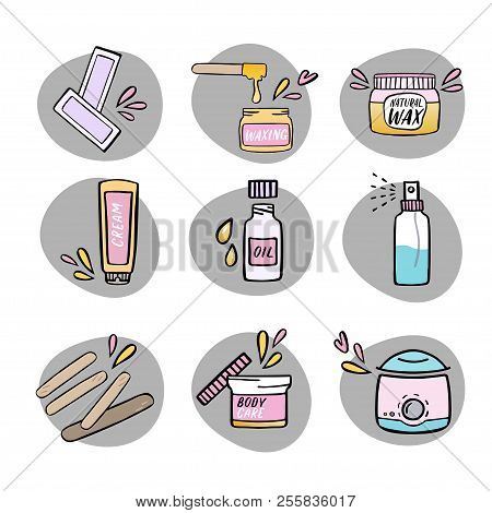 Handdrawn Hair Removal Icons Set. Waxing Kit