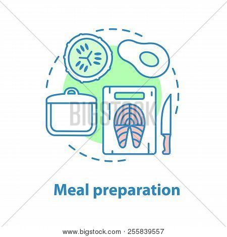 Food Preparation Concept Icon. Fish Recipe Idea Thin Line Illustration. Cooking. Avocado, Cucumber, 