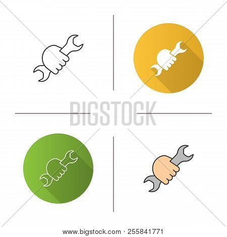 Hand Holding Wrench Icon. Double Open Ended Spanner. Flat Design, Linear And Color Styles. Isolated 