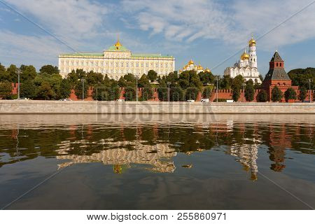 Moscow, Russia - August 28, 2018: Palace, Cathedrals, Wall And Tower Of Moscow Kremlin On Kremlevska