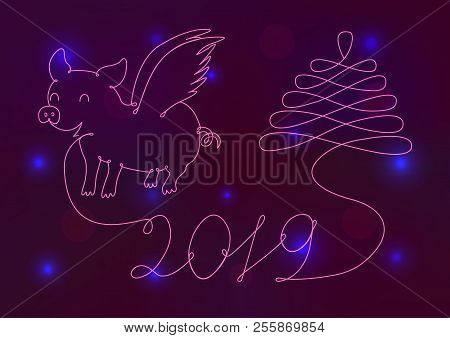 Abstract New Year Symbol 2019 On A Neon Background