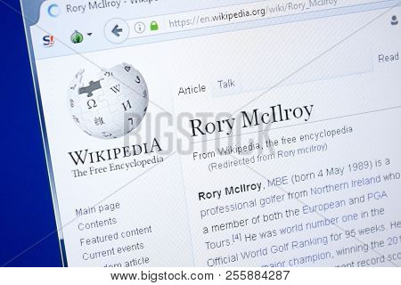 Ryazan, Russia - August 28, 2018: Wikipedia Page About Rory Mcllroy On The Display Of Pc