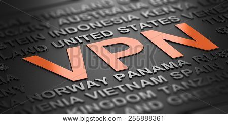 Words Cloud Over Black Background With The Accronym Vpn Witten In Orange Letters. Virtual Private Ne