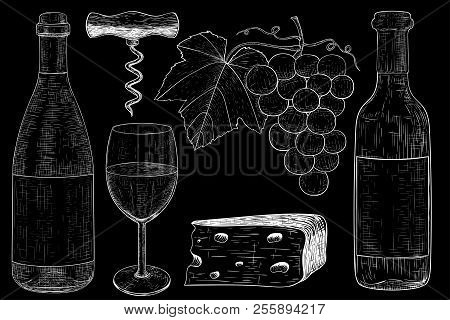 Wine Set. Botlle Of Wine, Glass, Grapes, Cheese, Corkscrew. Hand Drawn Sketch. Vintage Style. White 