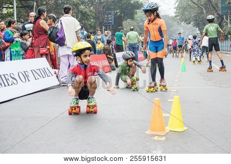 Kolkata, West Bengal, India - January 17th 2016 : Unidentified City Children Rollerskating On Blocke