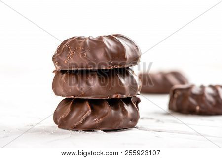 Dark Chocolate-coated Zefir View Isolated On White Background Food Dessert