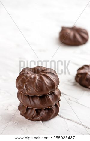 Dark Chocolate-coated Zefir View Isolated On White Background Food Dessert