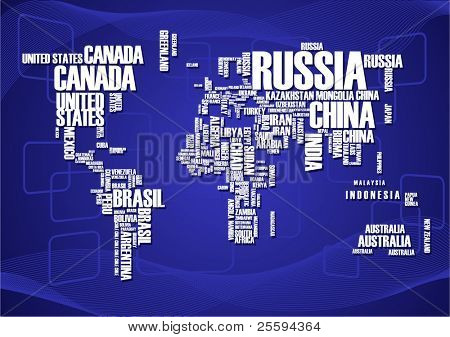Mapa světa: země v wordcloud