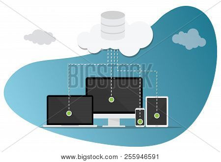 Cloud Computing Technology With Various Devices And Modern Style Bubble Vector Illustration