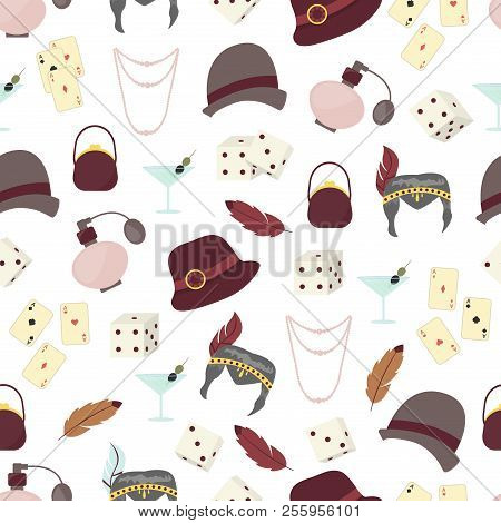 Retro Fashion 1920s 1930s Accessories With Women Hats, Clothes, Jewelry Seamless Pattern Background 